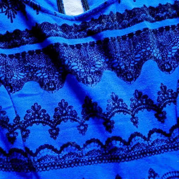 Chicaboom, black + blue, fit + flare, high neck, sleeveless, short dress - Picture 9 of 9